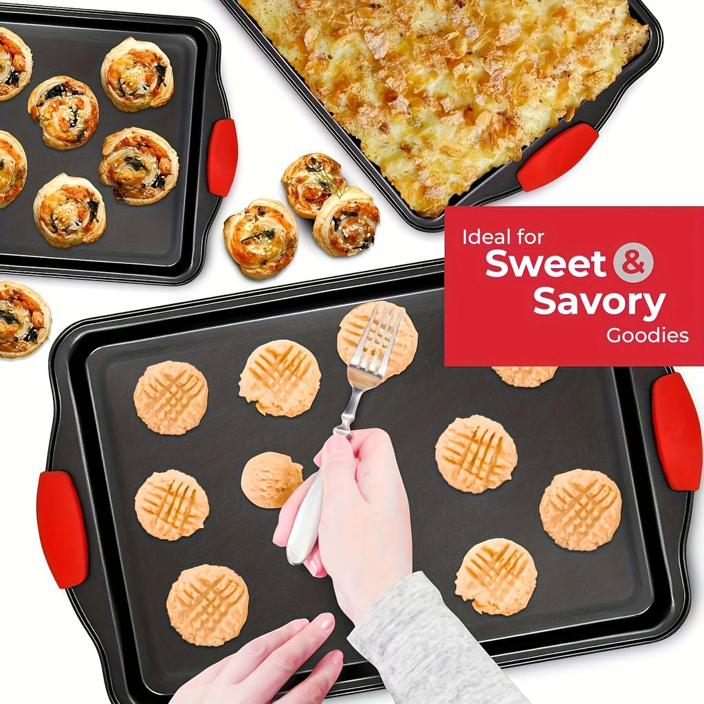 1pc Non-stick Baking Tray | Carbon Steel, Heat-resistant, with Red Silicone Handle, Easy to Clean, Suitable for Cookies, Cakes, and Bread | Brand: LDQ
