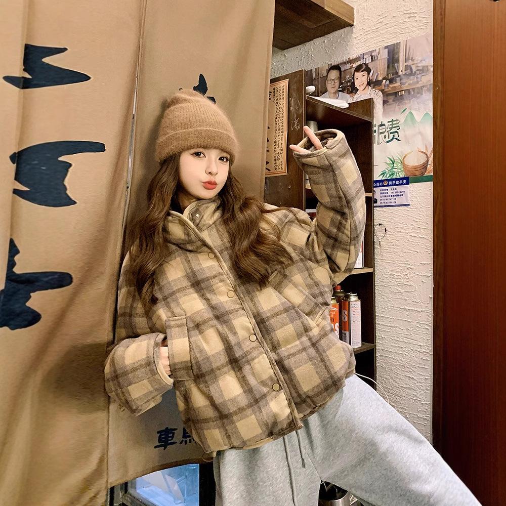 Retro Karomuster Kurzer Daunen Baumwollmantel für Damen Winter Neu Verdickter Kurzer Puffer-Baumwollmantel