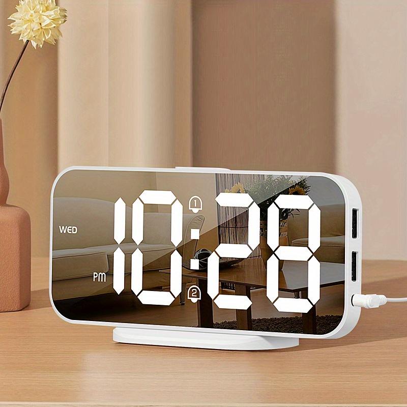 LED Mirror Digital Alarm Clock for Bedroom Dual Alarm,2 USB Charger Ports, Easy Snooze, Day of Week 12 24H Display, USB Powered Clock with Battery
