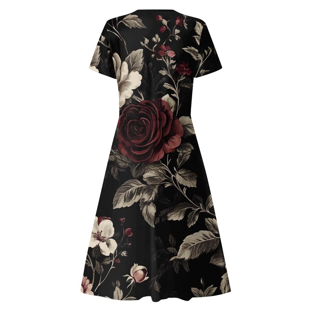 Women's Summer Casual Fashion Print Pocket Short Sleeve V-Neck Swing Dress