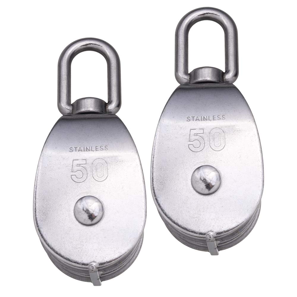 Rocaris 2 Pack M50 Lifting Double Pulley Block 304 Stainless Steel Crane Swivel Hook Double Pulley Roller Loading