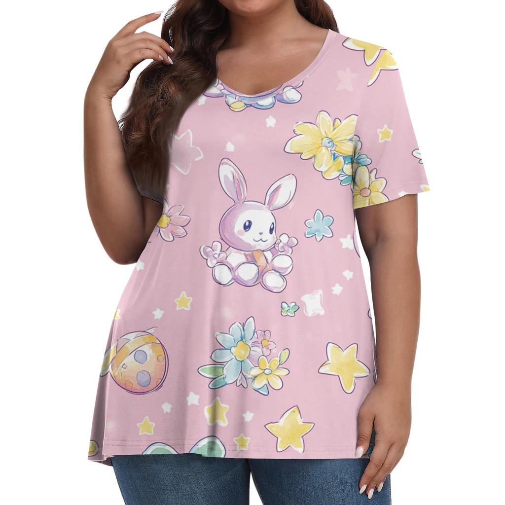 Women's Fashion Casual V-Neck Pullover Short Sleeve Large Size Easter Printed Top