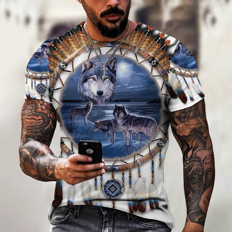 Men's Shirt Casual Harajuku T-shirt Animal Summer Retro Indian Print Men's Street Crew Neck Short Sleeve Design Large