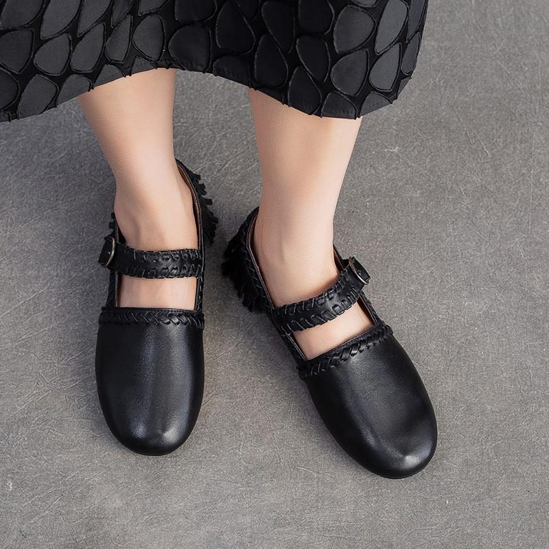 Johnature Genuine Leather Solid Color Belt Buckle Women's Shoes Retro Versatile Tassel Round Toe Soft Sole Flats