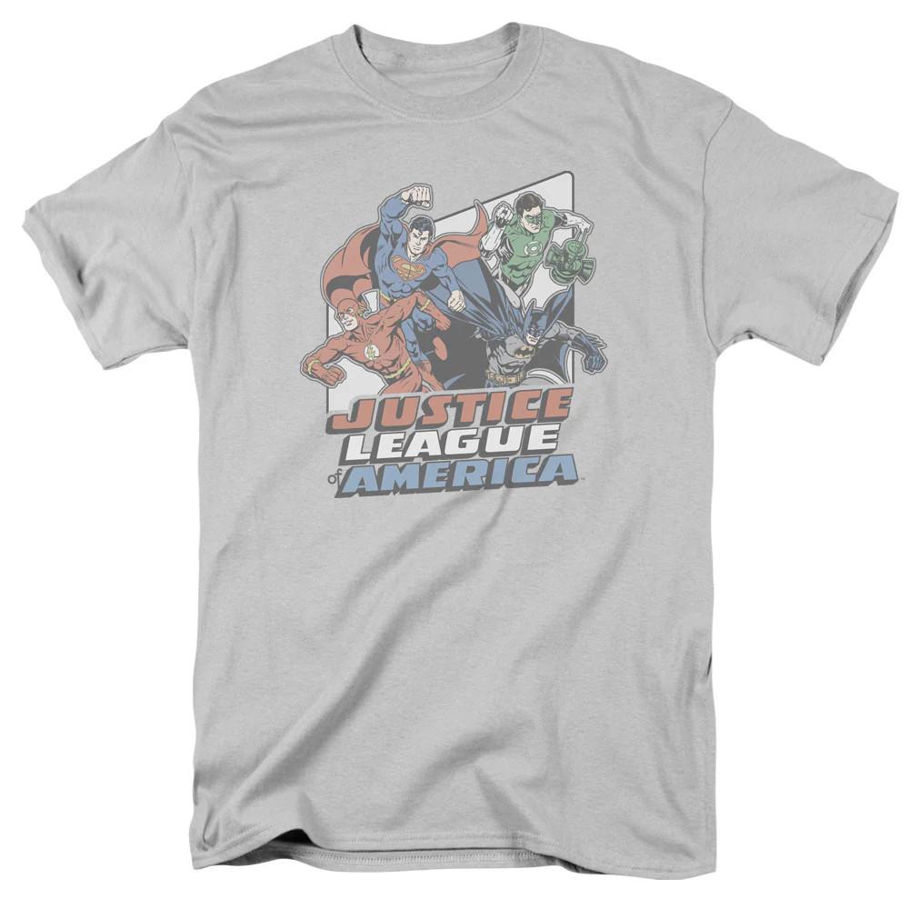 

Justice League Four Against Crime Mens T Shirt Silver M