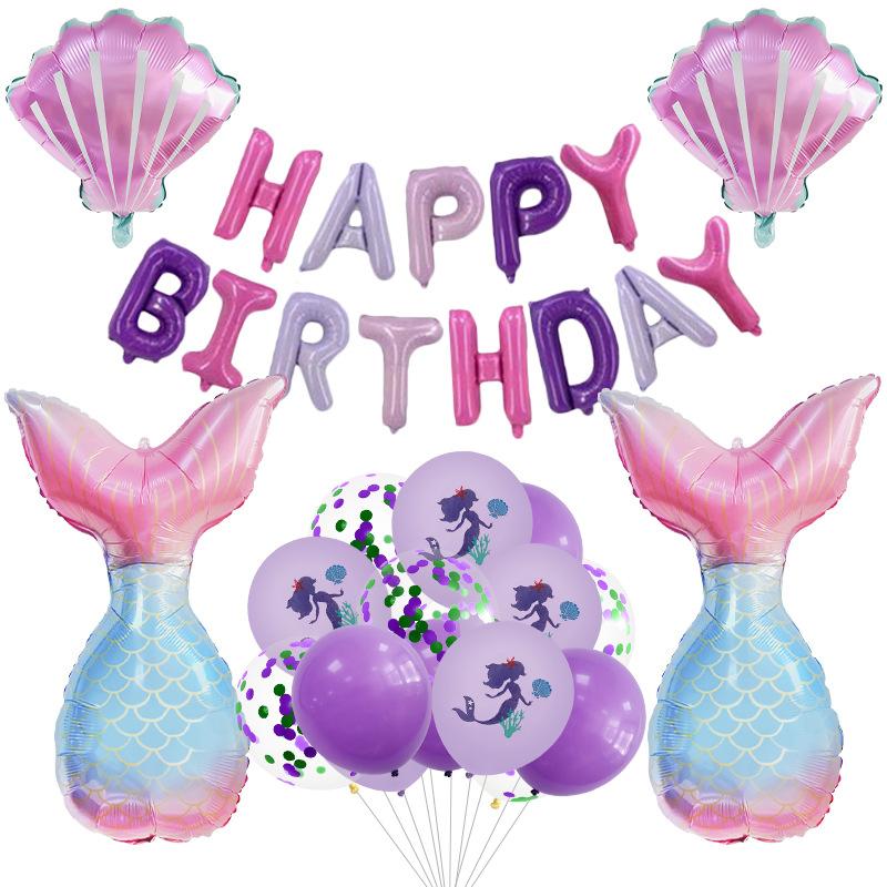 23Pcs Mermaid Print Latex Balloon Aluminum Film Fishtail Sequins Birthday Flag Party Scene Arrangement