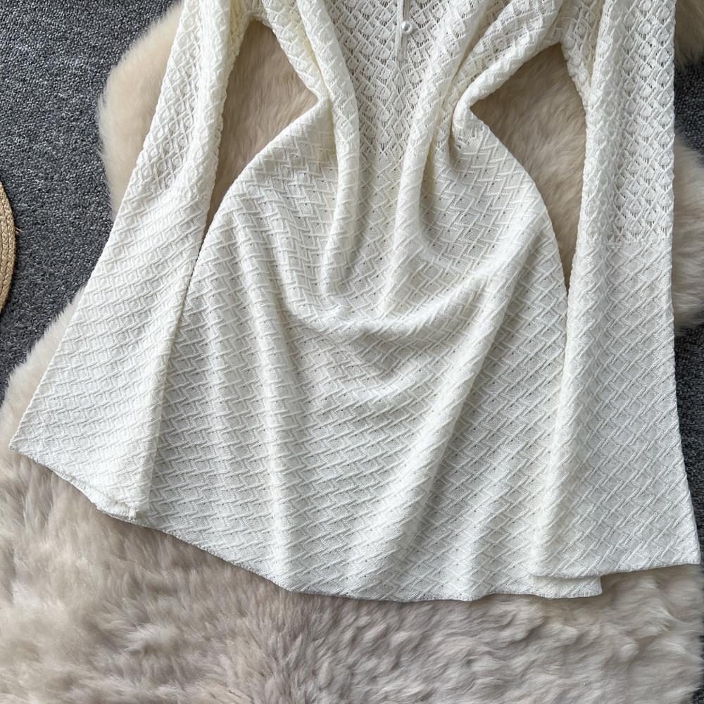 Hollow knitted crew neck dress women's spring and summer wear long sleeves waist A-shaped skirt commuting thin gentle wind
