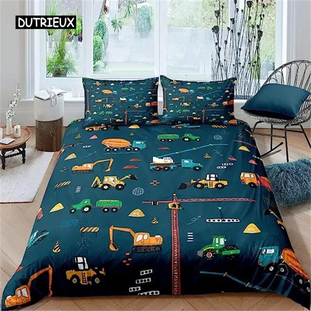 Duvet Cover Cartoon Excavator Tractor King Duvet Cover Cartoon Construction Truck Bedding Sets Vehicle for Children Room Decor
