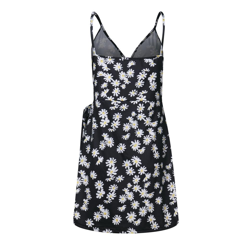 Women Fashion Sexy V-neck Floral Print Lace-up Dress Sling Dress Backless Dress