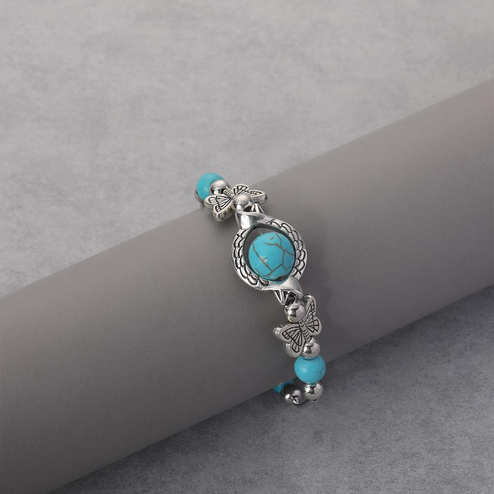 Elegant Women's Metal and Stone Bracelet with Carved Butterfly and Turquoise Beads - Perfect Birthday Gift