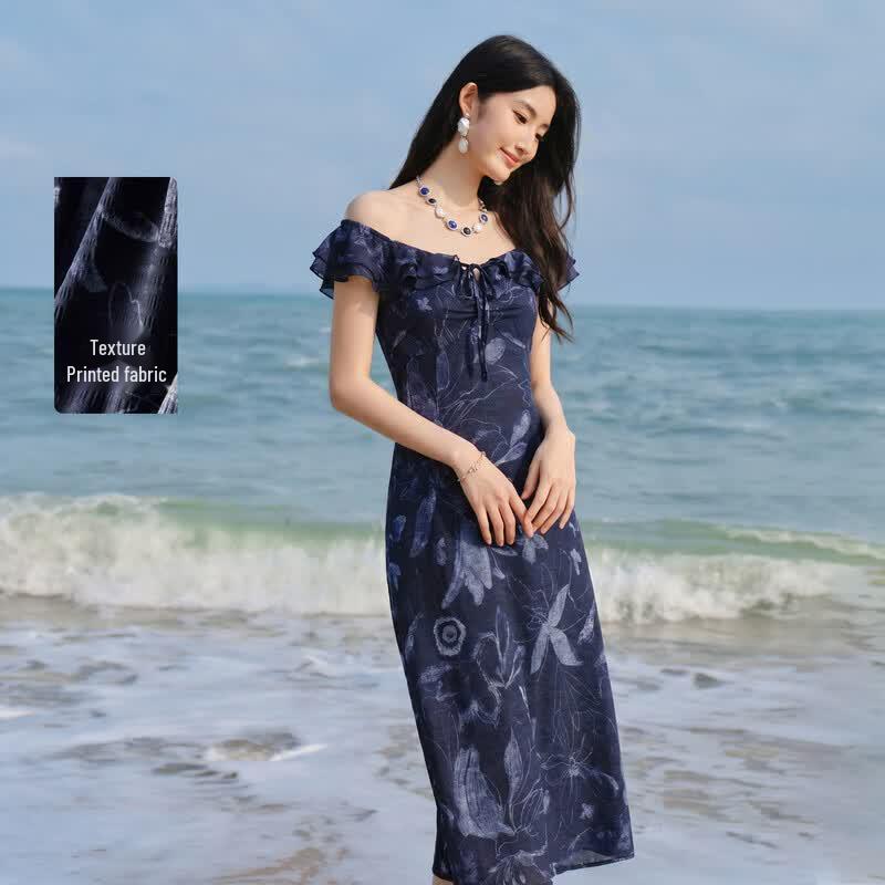 Women s Elegant French Square Neck Ruffle A-Line Dress XL