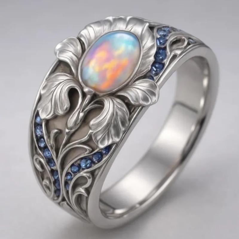 Vintage Inlaid Imitation Moonstone CZ Women's Ring CopperColor Hand Carving Flower Daily Wear Party Jewelry Anniversary Gift