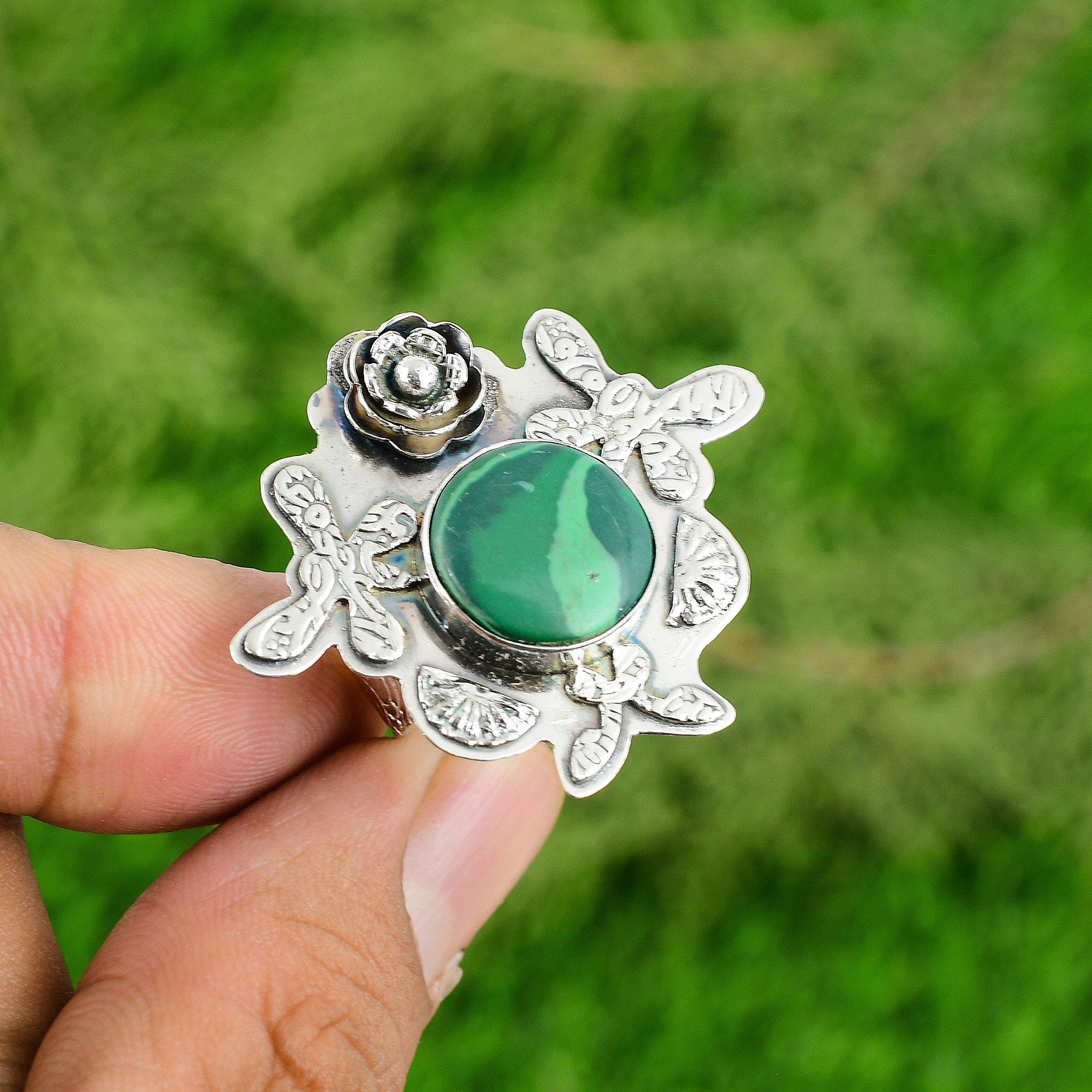 

925 Silver Natural Russian Malachite Solitaire Bezel Wedding Flower Ring Jewelry Adjustable
