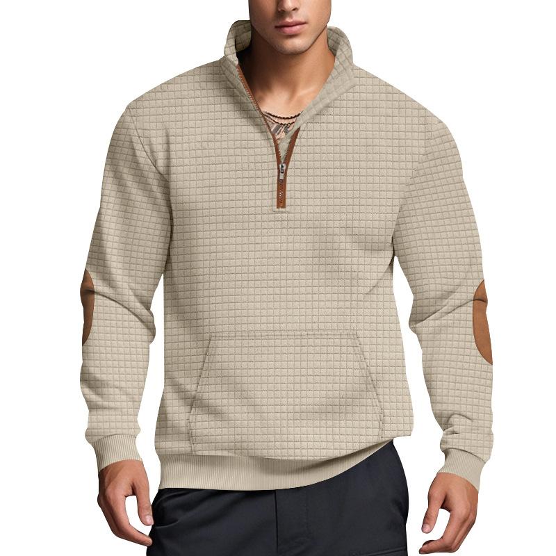 Fashionable Men's Casual Sweatshirt with Jacquard Small Check Embroidered Patchwork Stand Collar Loose-Fit Top
