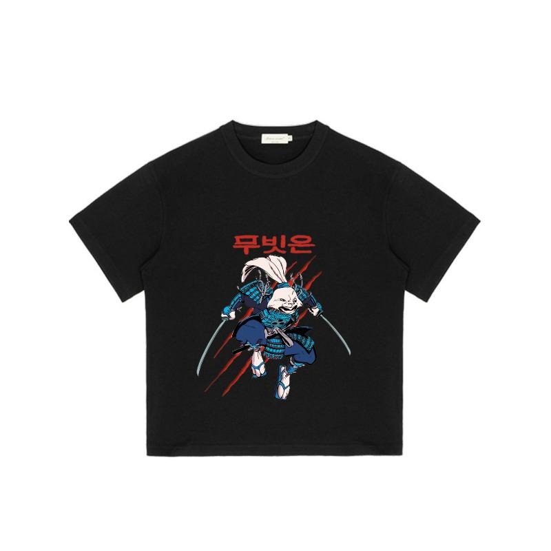 Black T Shirt With Samurai Rabbit Print And Korean Text For Casual Wear