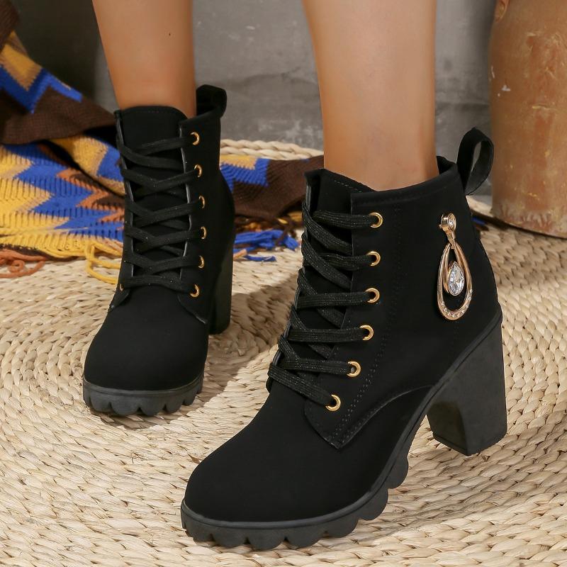 Herbst und Winter neue Damenstiefel in Übergröße Mode Strass High Heels runde Spitze Schnürstiefel mit dickem Absatz Mode Stiefel