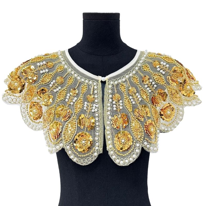 Elegant Embroidered Beaded Mesh Collar Detachable Shawl Scarf Stylish False Collar For Women Fashion Accessory золотой