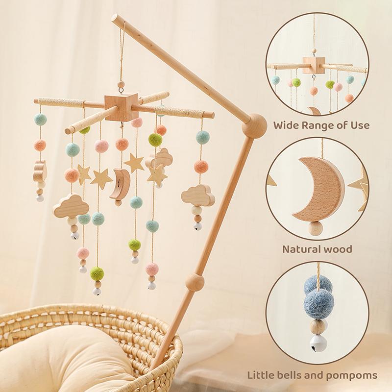 Baby Toy Wooden Mobiles Bed Bell Moon Clouds Rattle For Newborn Developing Diy Accessories Crib Holder Arm Brackets Gifts Rattle