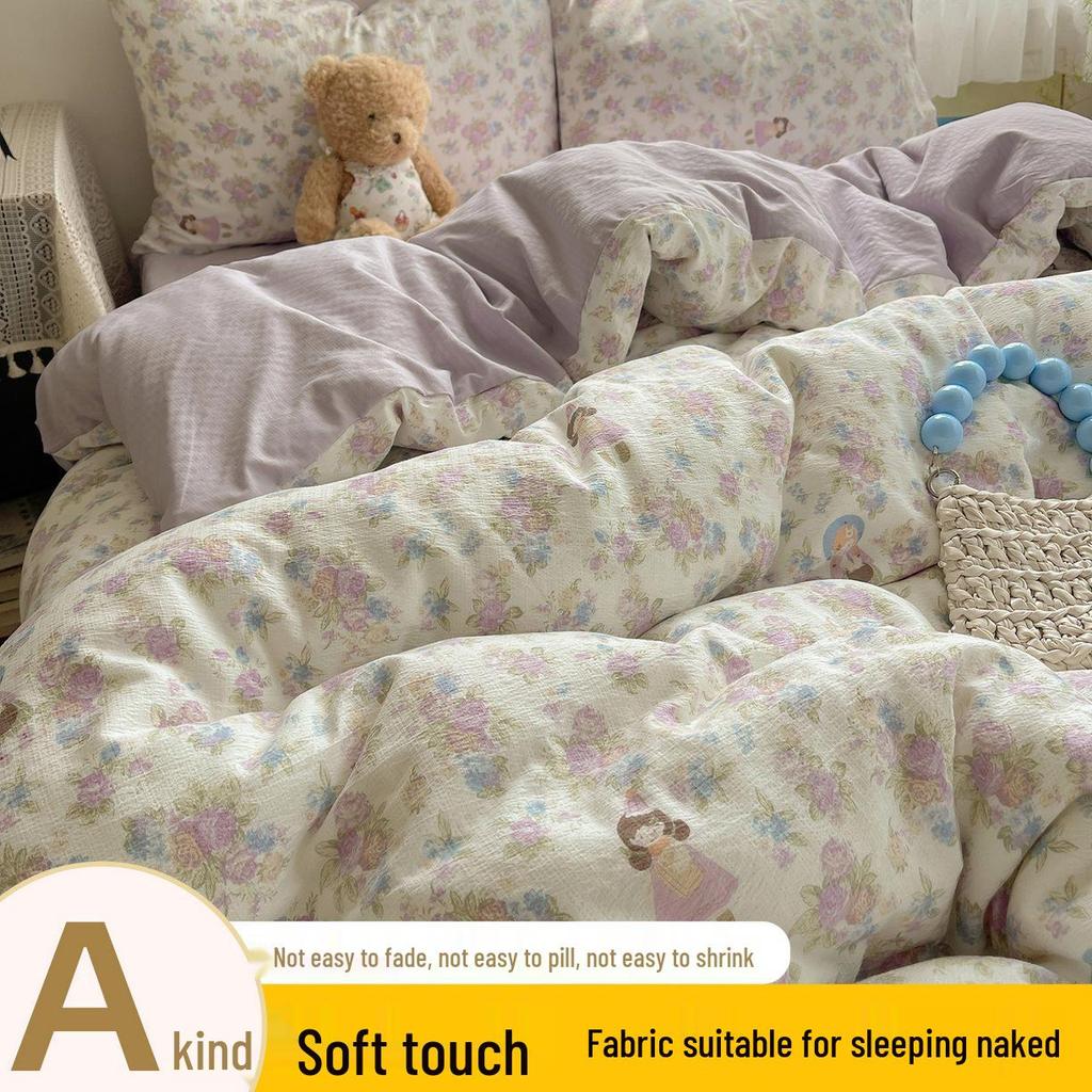 Floral Soft Cloud-Feel Double-Layer Gauze Bedding Set: Machine Washable, Small Student Dormitory Size, 3-Piece