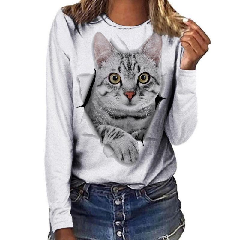 

Футболка с длинными рукавами и принтом в виде цветного кота с цифровым 3D-принтом для женщин, модная футболка с круглым вырезом, большой размер 4XL