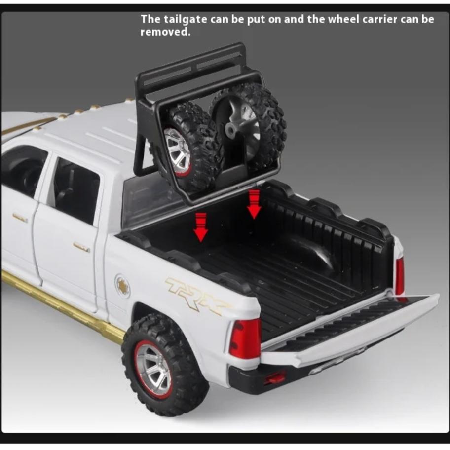 1/32 Scale Dodge RAM Pickup Truck Alloy Model with Sound, Light & Spring-Back Action - Kids' Toy for Adventurous Play