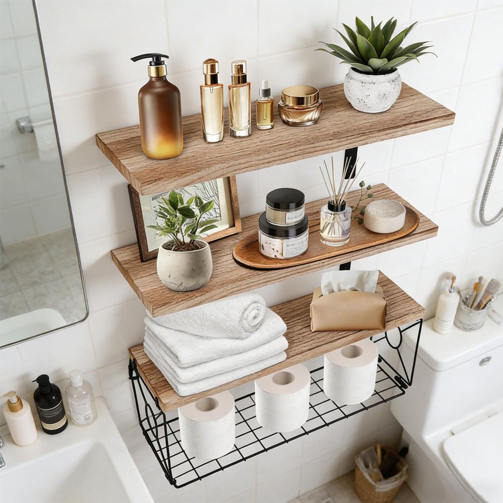 Wall Mounted Shelf Rustic Wooden Bathroom Wall Shelf with Metal Basket Over Toilet Floating Storage Organizer Rack for Home
