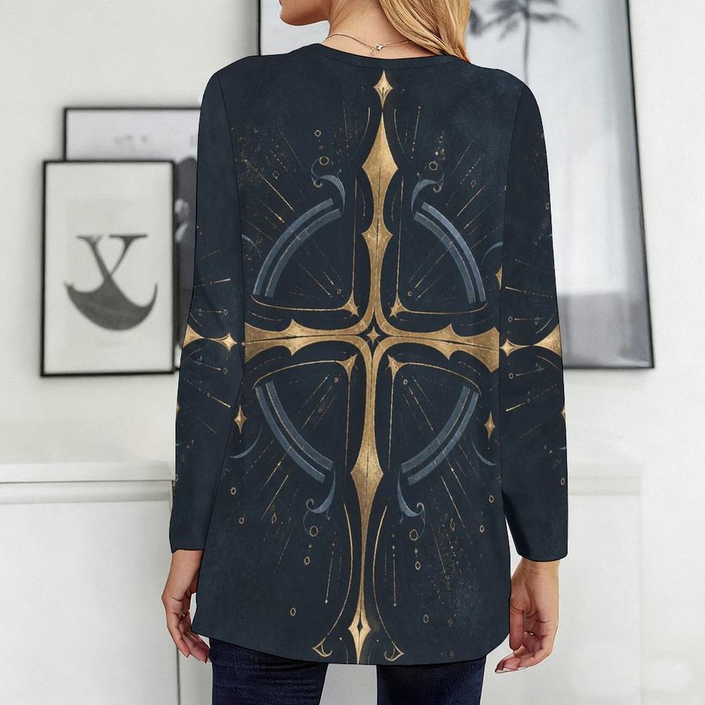 Women Plus Size Round Neck Long Sleeve Red Blue Star Print Loose T Shirt With Pockets