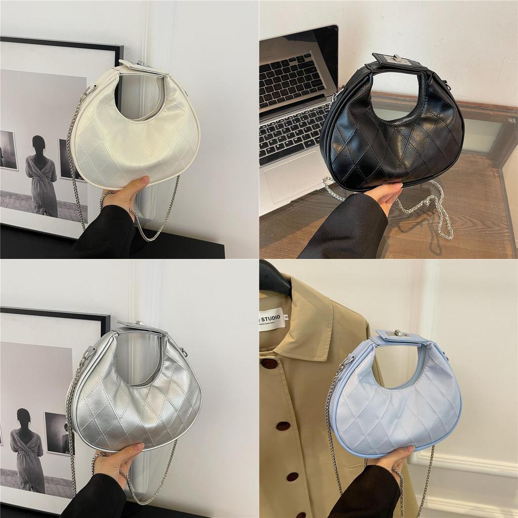 Pu Chain Strap Crescent Bag With Zipper Closure For Casual Travel And Street Style