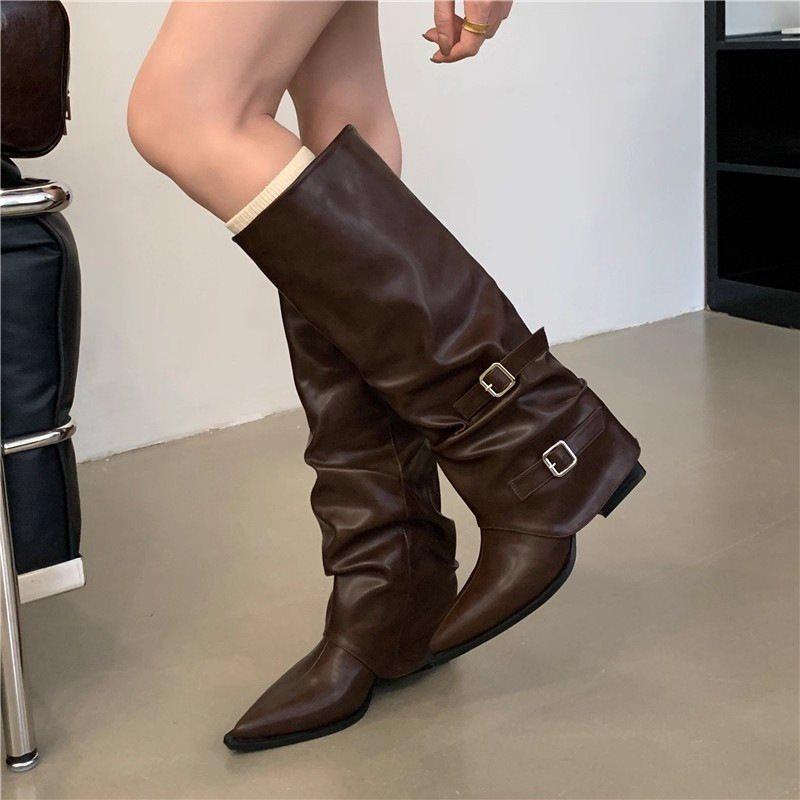 

Spice Girls High Heel Pointed Punk Boots Female Knight Boots Long Boots Pleated 2025 Wind Fried Street Buckles Thick Heel Pile 40 коричневый