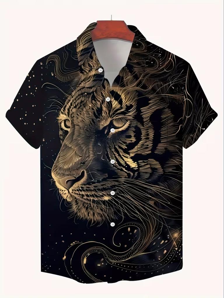 Tiger Pattern, Digital Printing, Fashion Trend, Street Outdoor, High-Quality and Comfortable Men's Short-Sleeved Casual Shirt