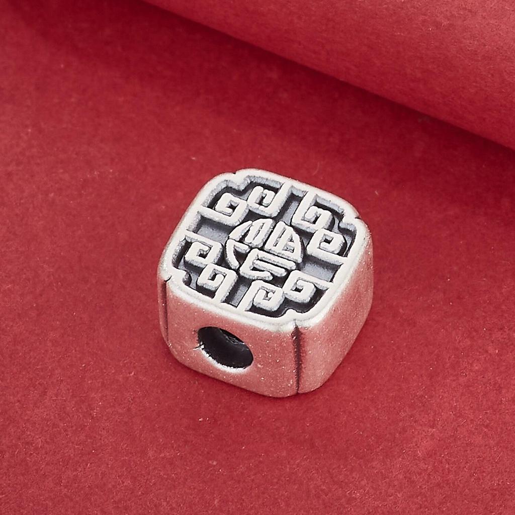 S999 Sterling Silver Retro Double-Sided Fu Spacer Bead for DIY Braided Rope Bracelet & Beaded Necklace Jewelry.