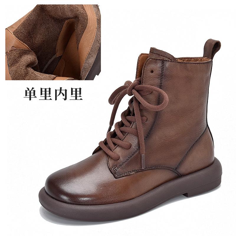 Short Boots Soft Leather Women's Round Head Lace-up High-top Boots Autumn and Winter Versatile Martin Boots Single Boots Women's Cotton Boots
