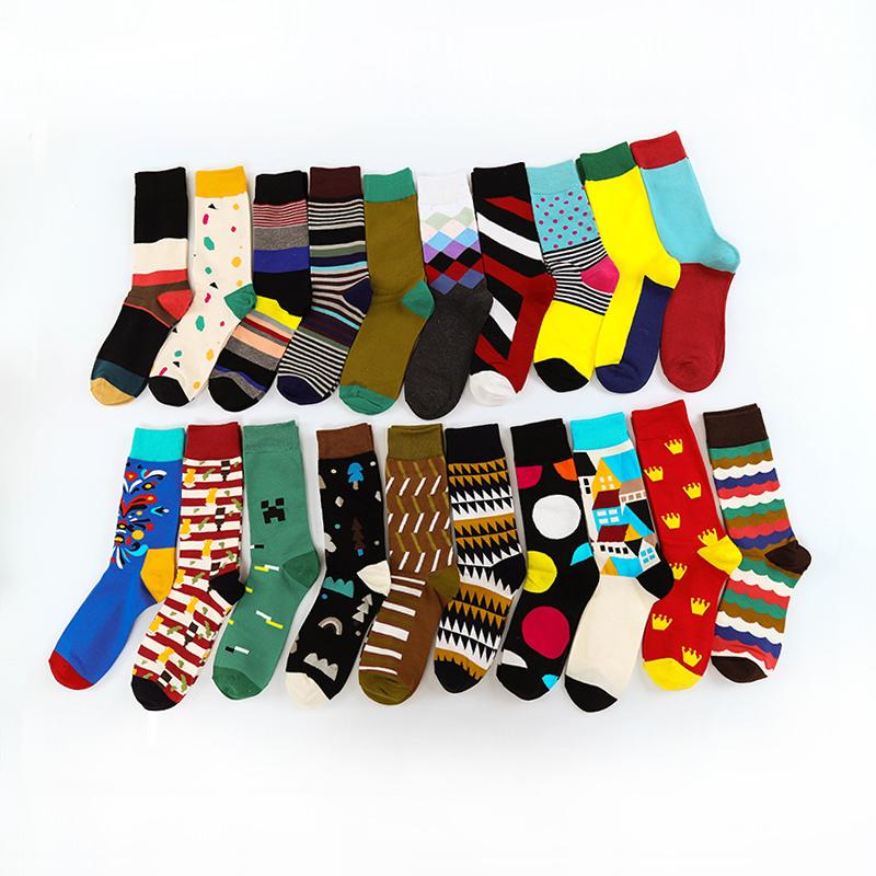 Fashion Colorful Brand Men Socks 20 Colors Striped Plaid Diamond Socks Men Cotton Casual Crew Socks