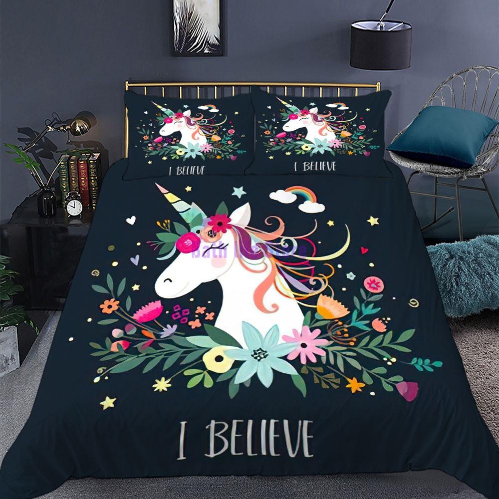 Cartoon Unicorn Lucky Kids Girls Pink Bedding Set Cartoon Duvet Cover Bedcllothes Animal Printed Queen King Size Bed Linens