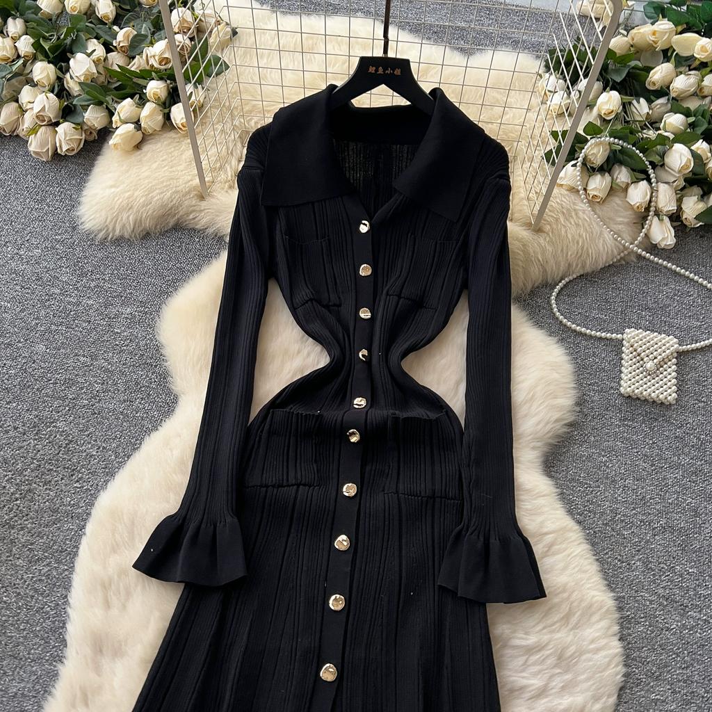 Toamnă Primăvară Femei Rochii de Petrecere de Pe Catwalk Mânecă Largă Pulover Tricotat Nasturi Unici Rochie Lungă Maxi Tip Sirenă