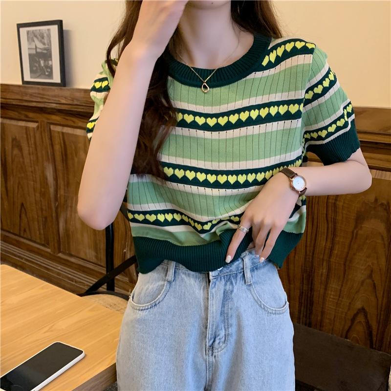 Heart Short-sleeved Knit Tops Women Summer Year Knit Shirt Short Burst T-shirt Tide Casual Summer Essential Comfort and Style Slim Fit Pullovers Tees