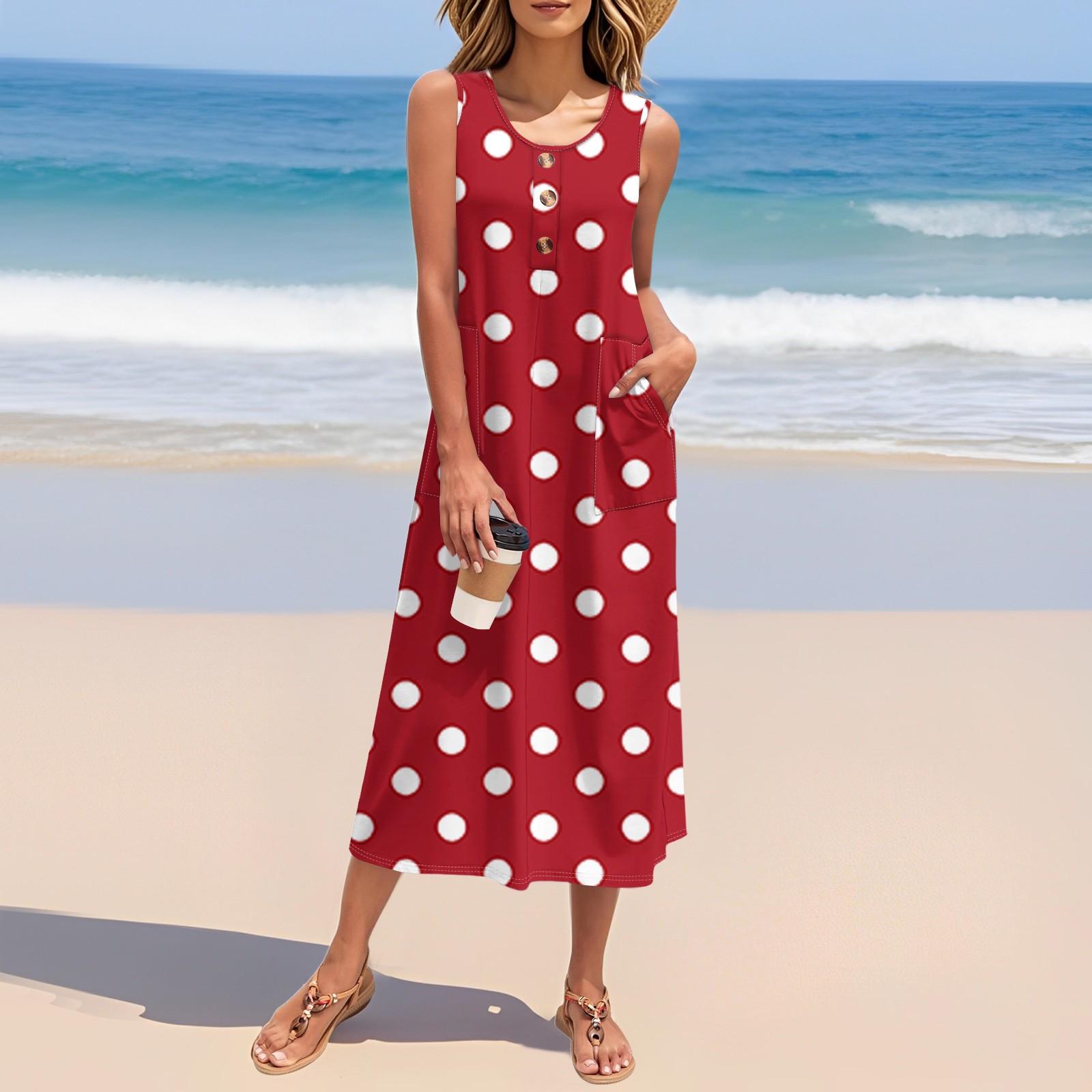 

Женское летнее платье с принтом в горошек без рукавов на пуговицах, повседневный свободный длинный пляжный сарафан M