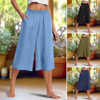 Women Cropped Pants Elastic High Waist Straight Wide Leg Casual Trousers with Pockets