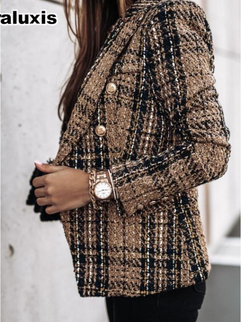Autumn Winter Long Sleeve Double Button Lapel Printed Coat for Women