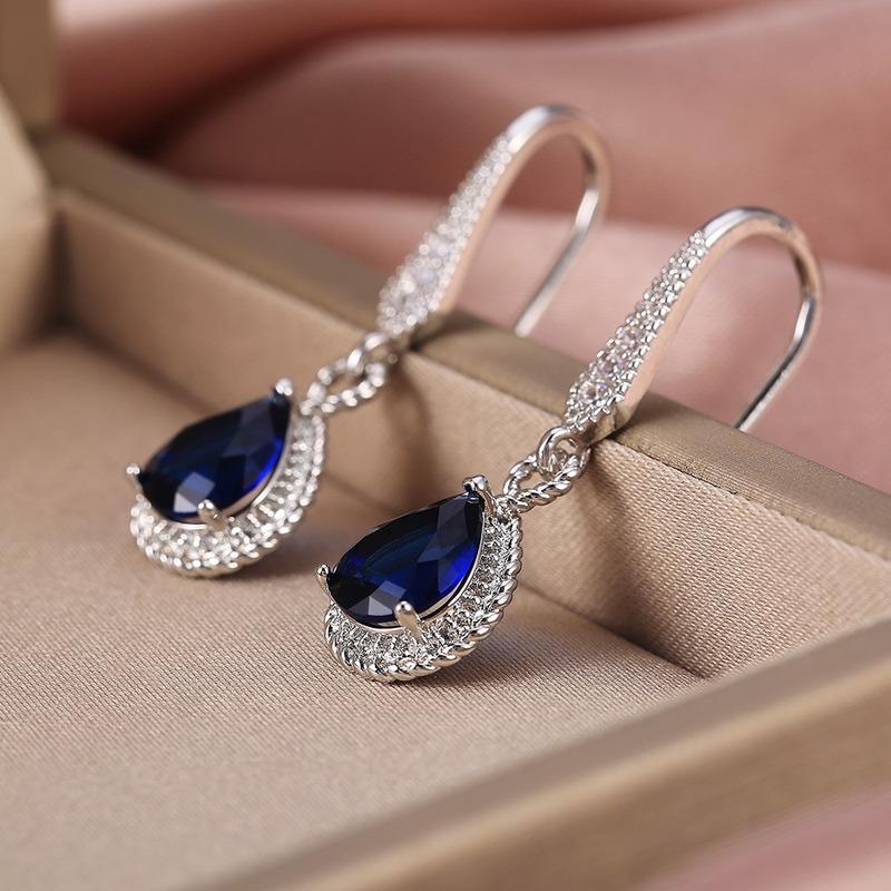 Elegant Dangle Earring for Women High Quality Silver Color Inlaid Blue Water Drop Shape Cubic Zirconia Classic Jewelry