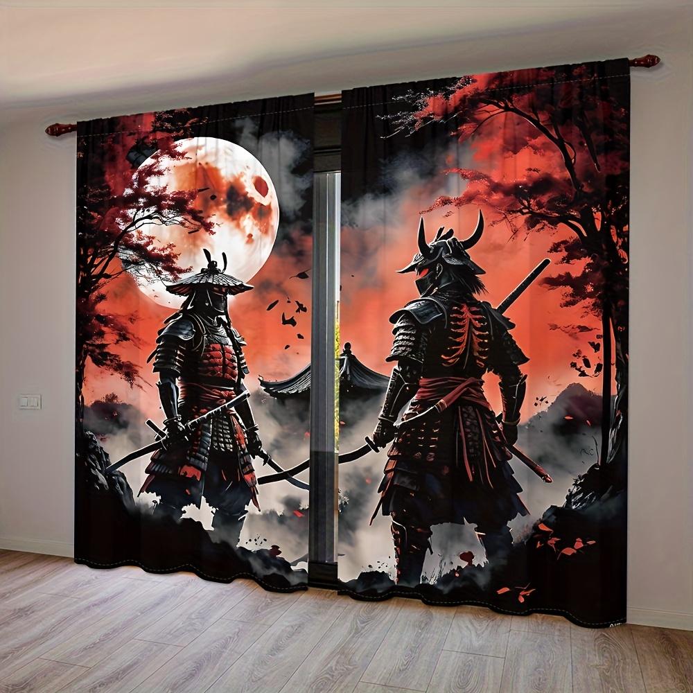2pc Black Samurai Moon Curtains – Red & Black Anime Style   Rod Pocket   Light-Filtering for Living Room   Bedroom & Kitchen