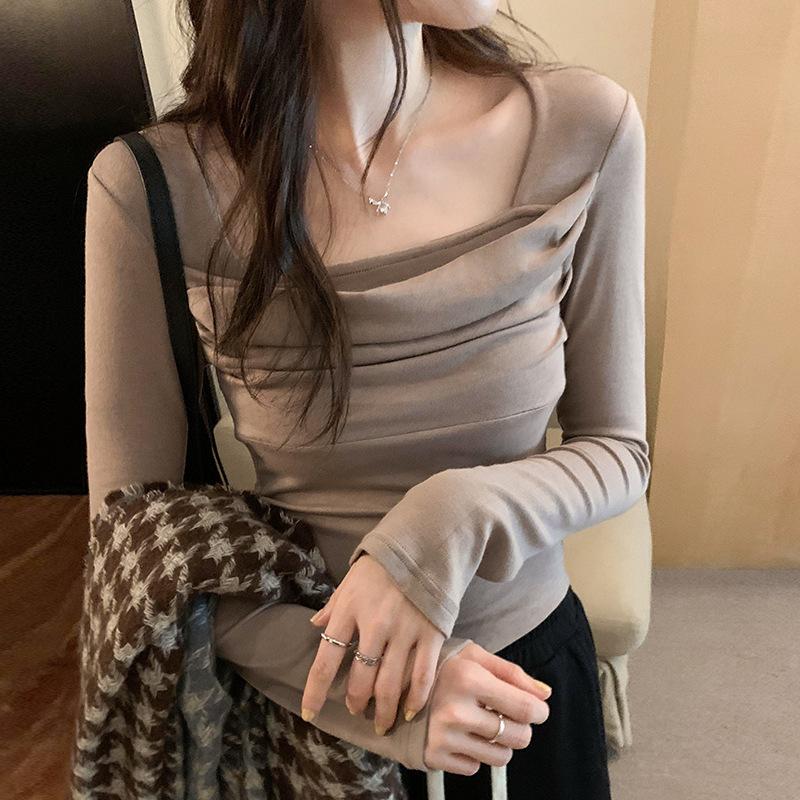 Square collar pleated long-sleeved basic slim-fitting T-shirt for women in autumn and winter new style inner wear slimming short pure lust top