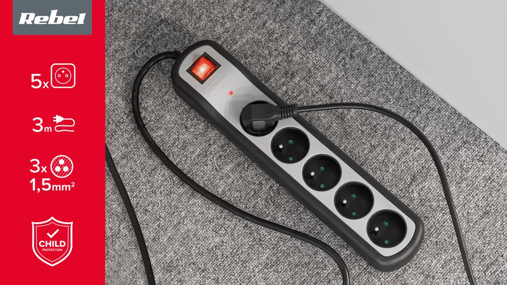 Rebel 3M 5-Socket Power Strip Extension Cord