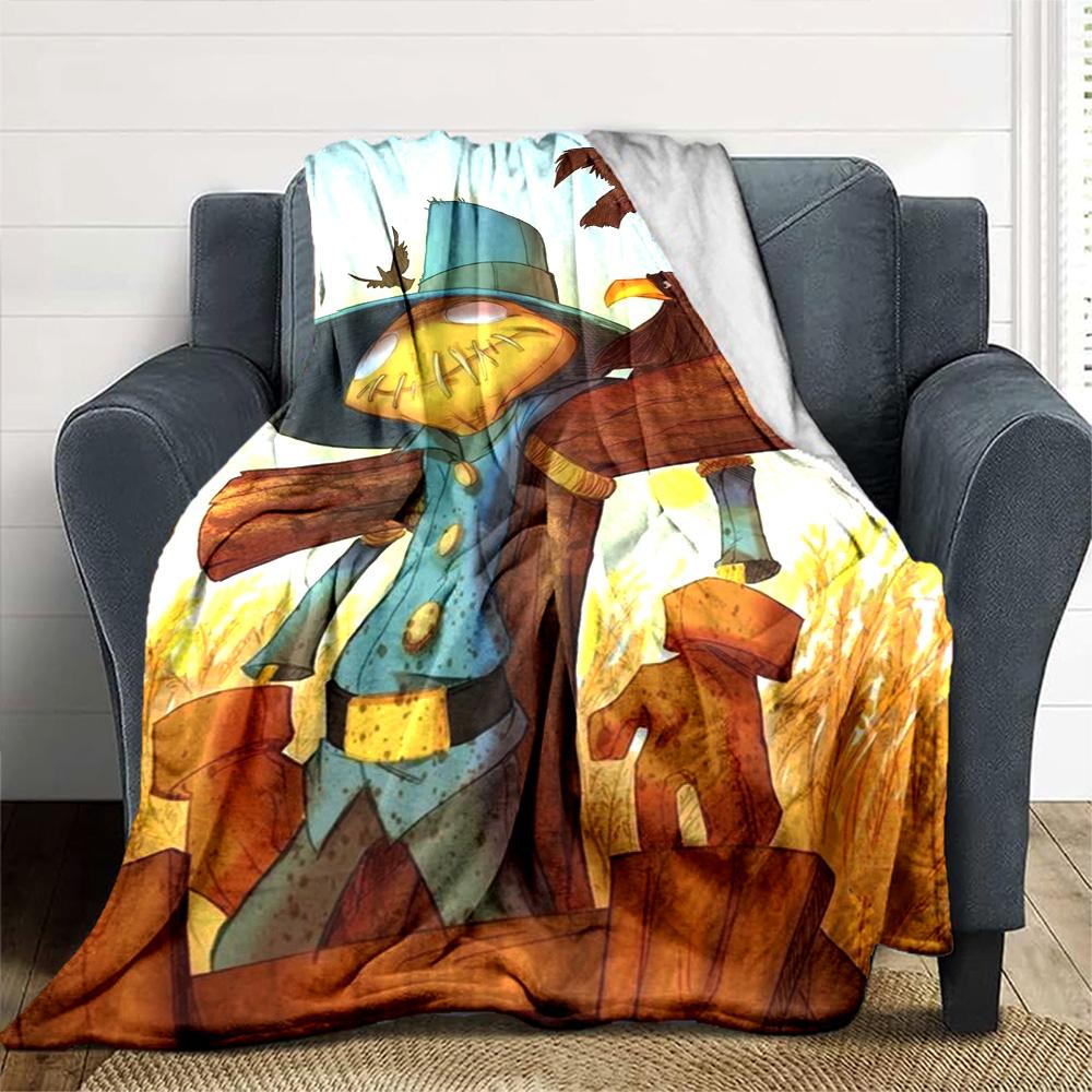 Cartoon Scarecrow Crow Wheat Field Print Flannel Throw Blanket Soft Warm Blanket for Sofa Couch Bed Home Decor