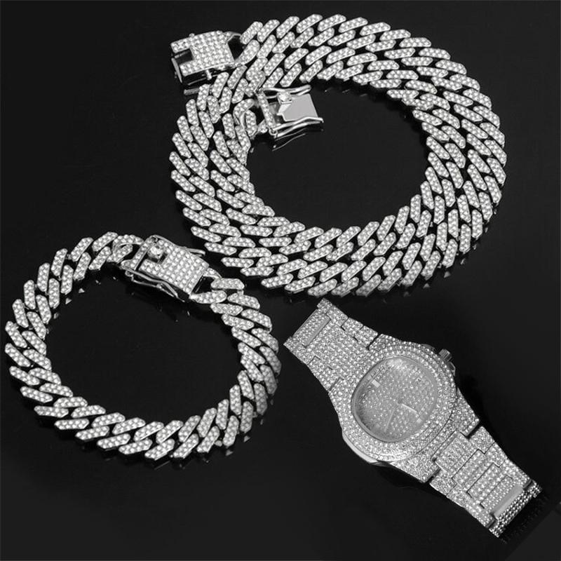 

HIP 12MM Prong Necklace +Watch+Bracelet Hip Hop Prong Cuban Chain Iced Out Paved Rhinestones CZ Bling For Men Jewelry