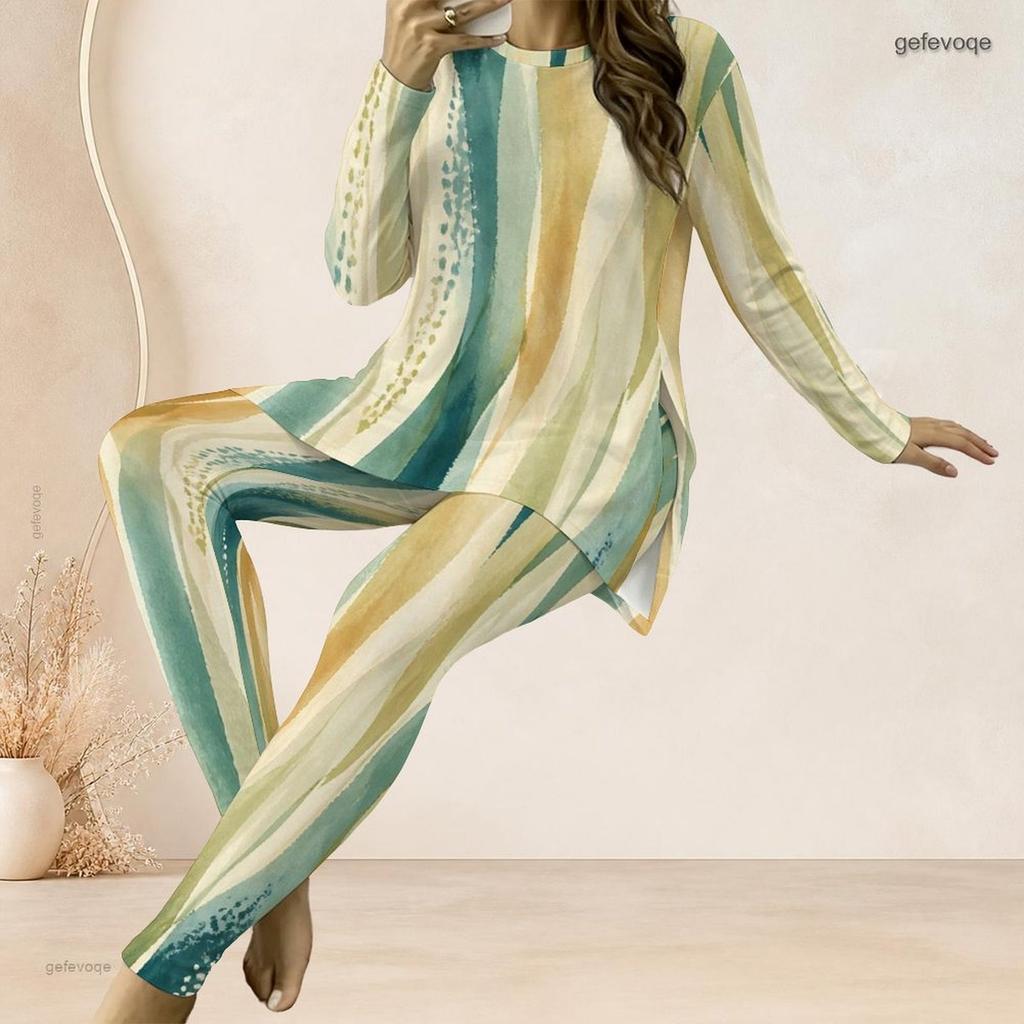 Women Plus Size Dark Blue Printed Two Piece Set Round Neck Long Sleeve Longline Top Fitted Pants