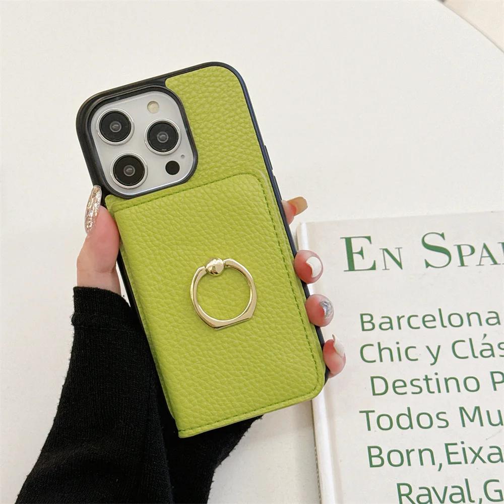 Leather Ring with Card Holder Phone Case for IPhone 15 14 11 Pro Max 13 12 Mini XR XS X Max 8 7 Plus PU Shockproof Shell Cover