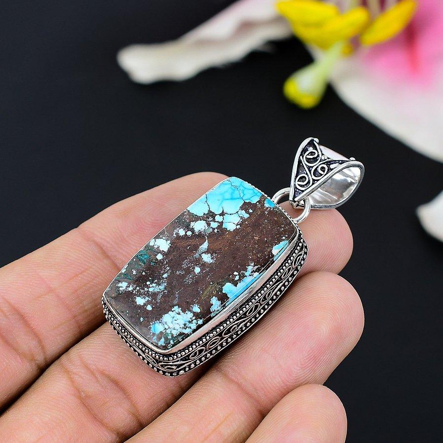 Tibetan Turquoise Gemstone 925 Sterling Silver Jewelry Pendant 1.50" KG-118