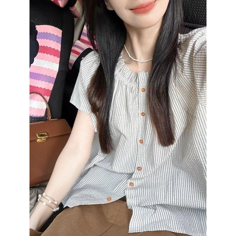 

Japanese Style Vertical Stripes Cotton and Linen Loose Short-Sleeved Blouse Rice white stripe M