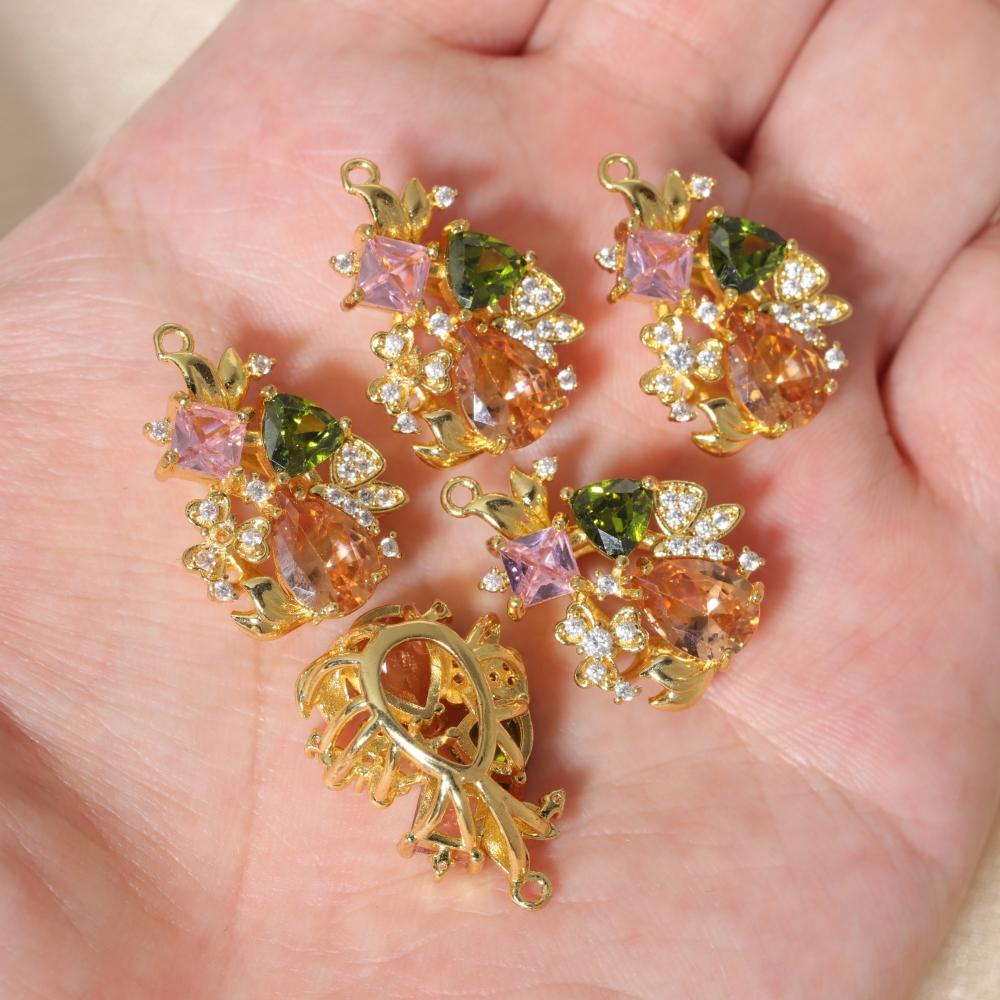 Multicolor Zirconia Floral Leaf Copper Charms, Golden Plated DIY Pendants for Earring Necklace Craft Making